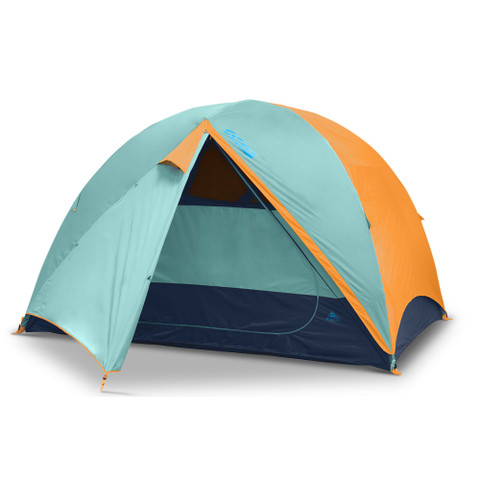 Kelty Wireless 6 tent, green, with fly attached and door open