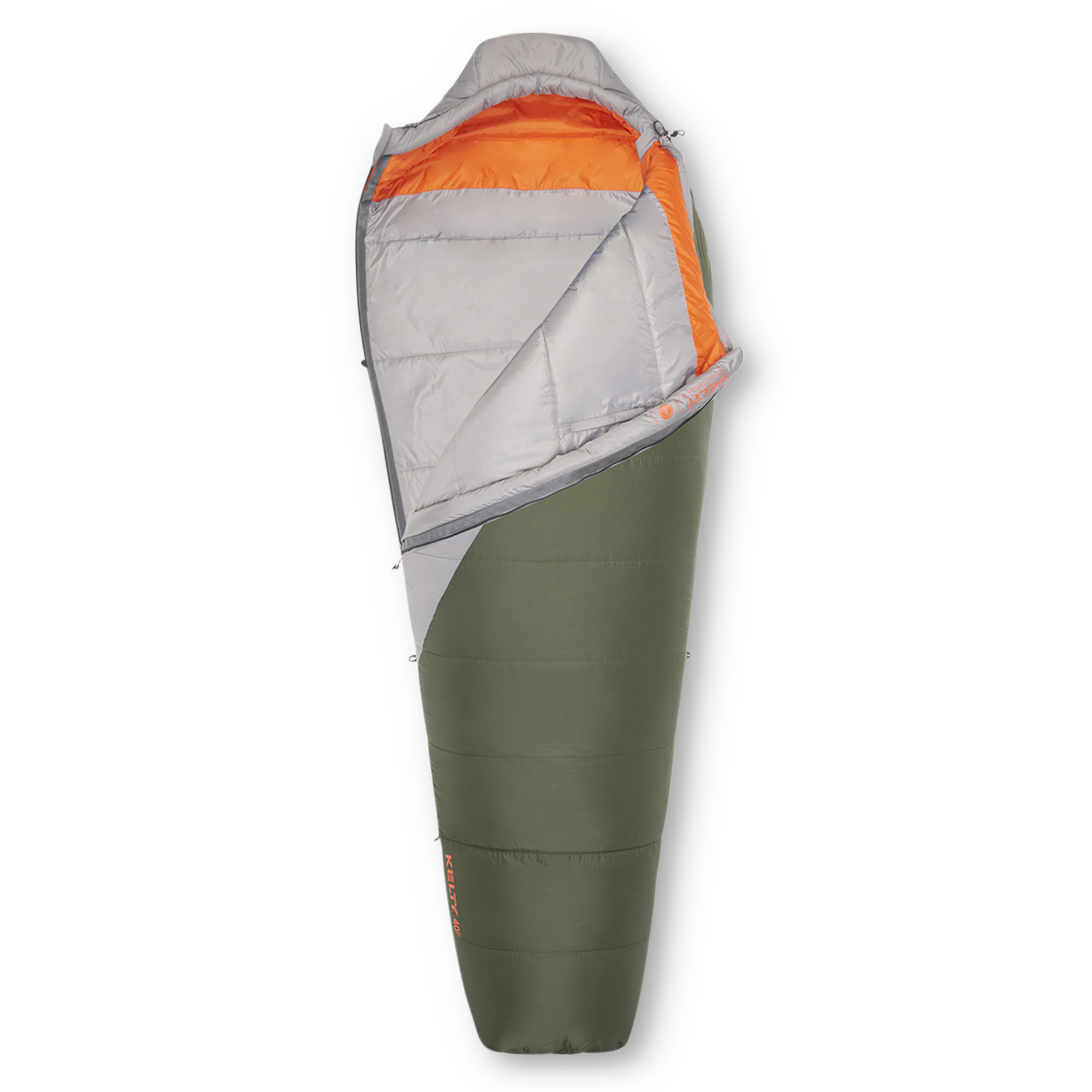 Kelty Cosmic Synthetic 40 Sleeping Bag, gray/green, shown partially unzipped