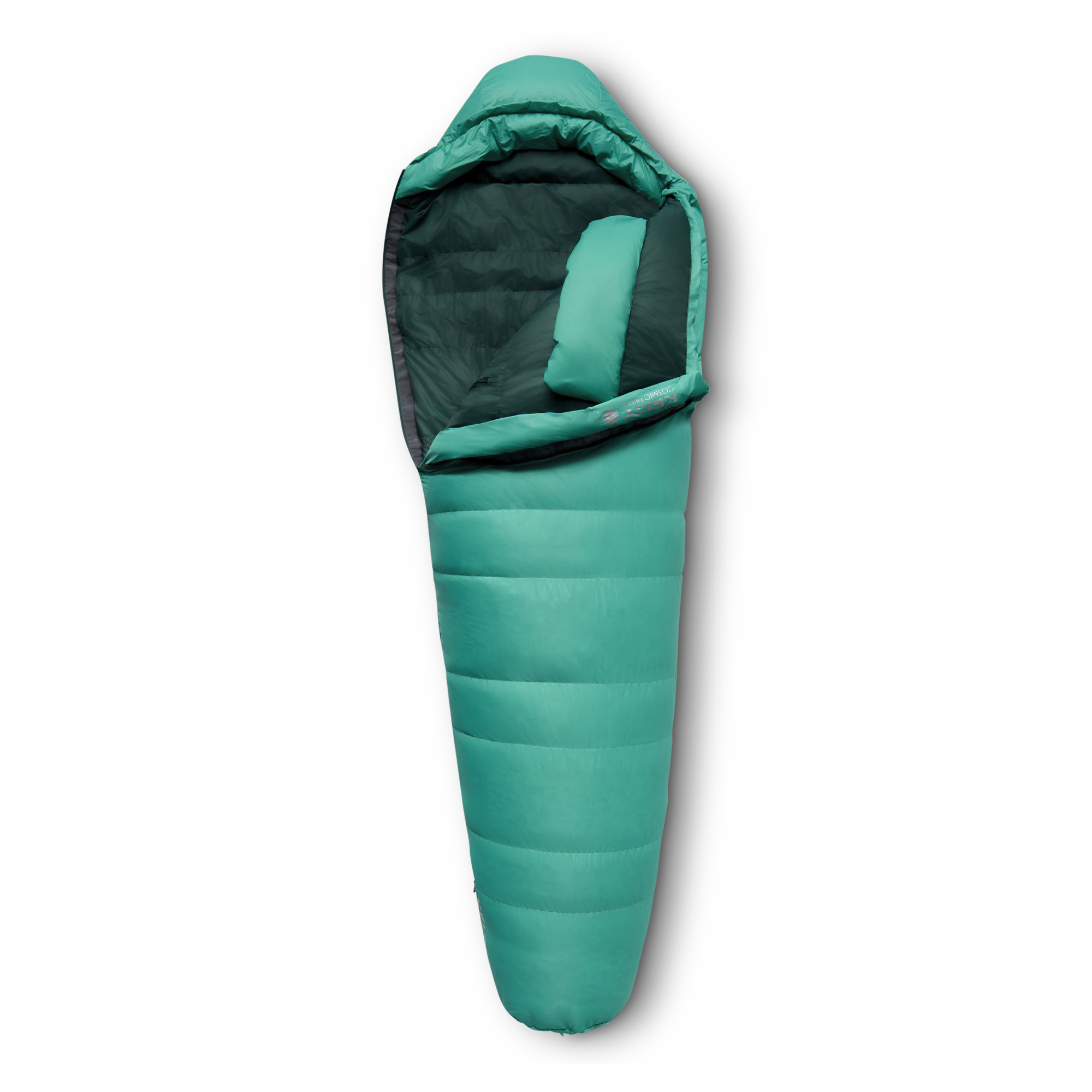 Kelty Women's Cosmic Ultra 20 sleeping bag, green, shown partially unzipped