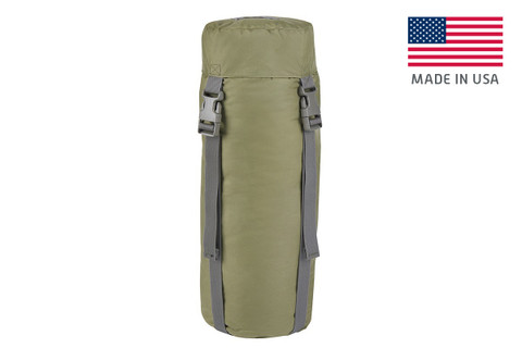 Kelty Varicom Compression Sack, shown fully packed, with lid attached and buckled