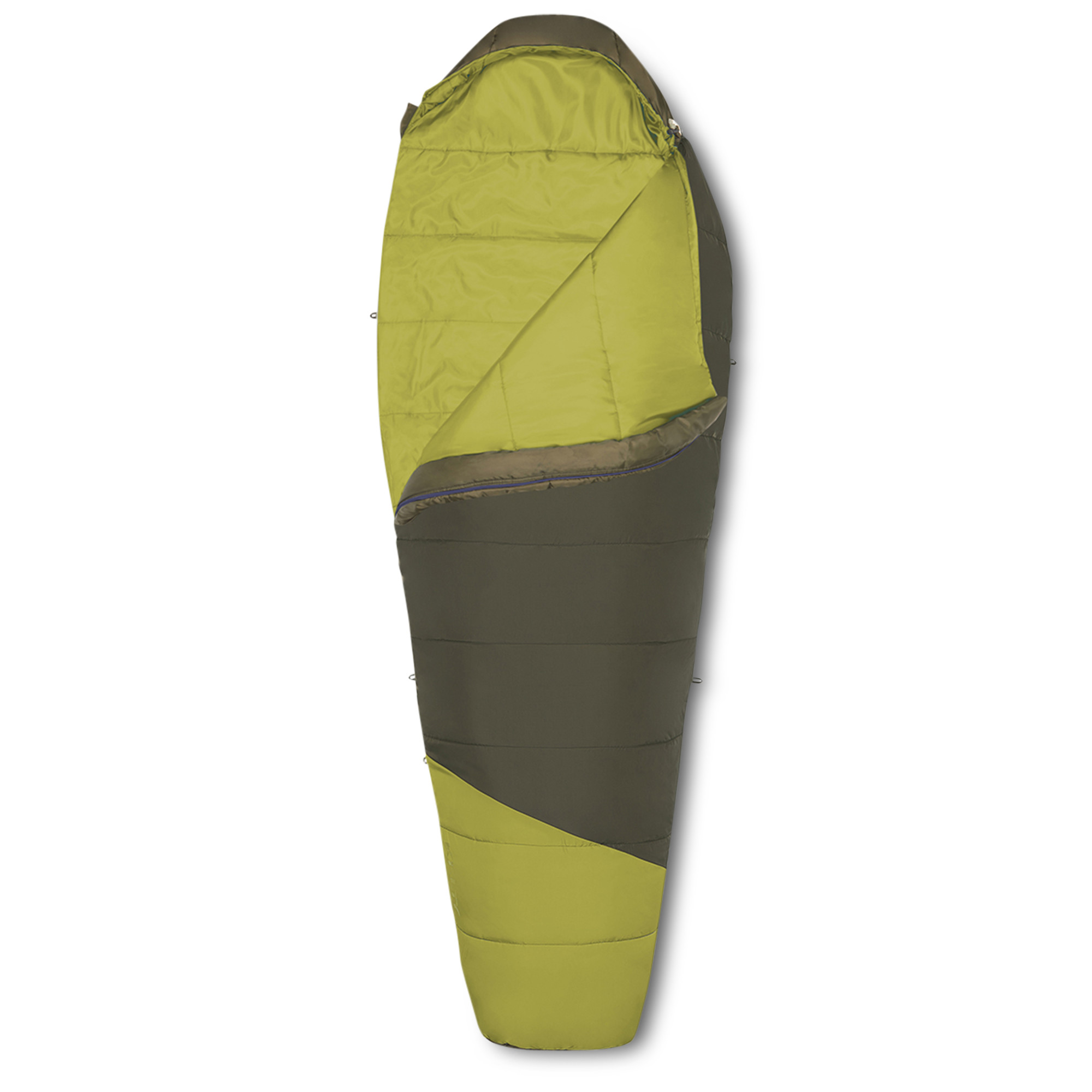 Kelty Mistral 40 sleeping bag, green, shown unzipped quarter length