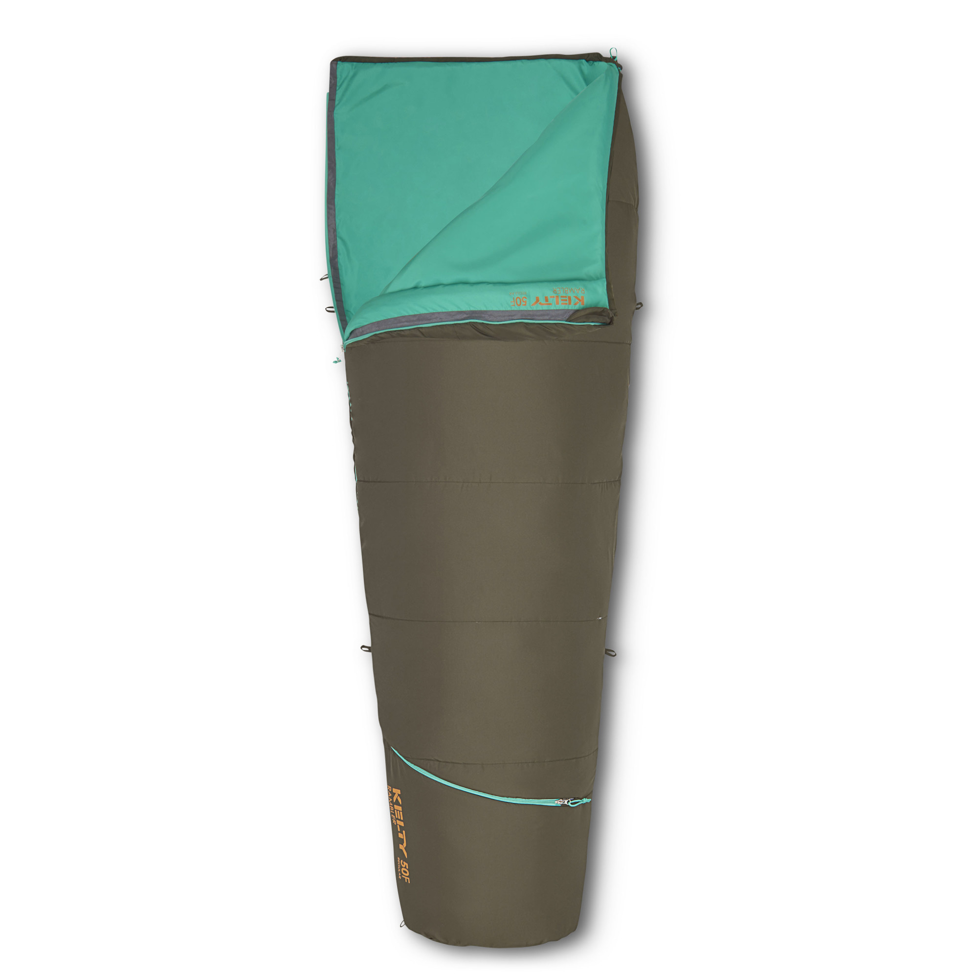 Kelty Rambler 50 Sleeping Bag, Peat, shown partially unzipped