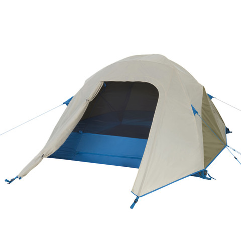 Kelty Tanglewood 3 tent, front view, fly attached, door open