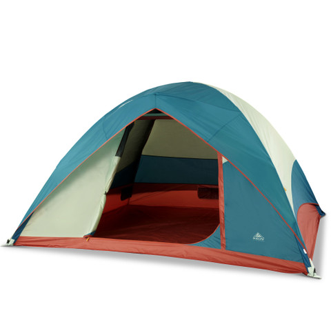 Kelty Discovery Basecamp 6 tent, front view, with fly attached and door open